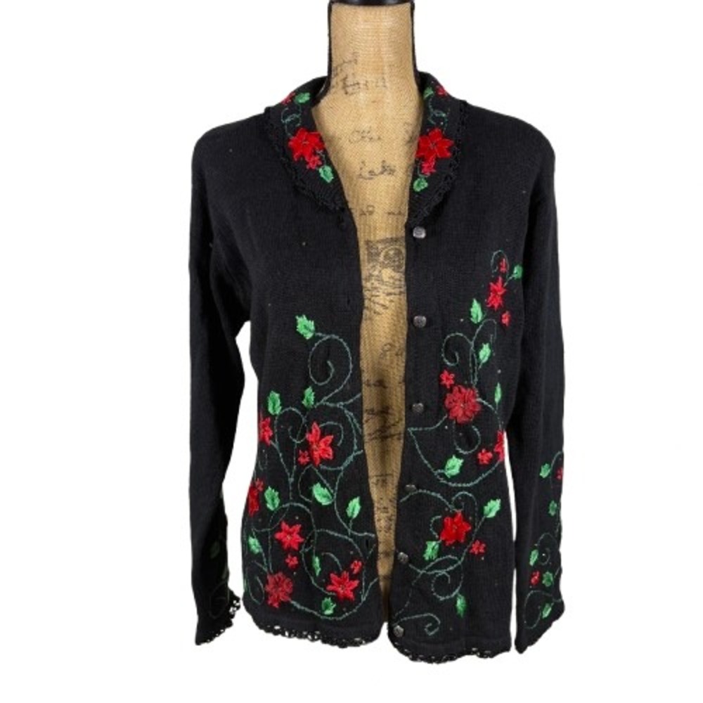 Vintage Arriviste‎ Black Embroidered Poinsettia Cardigan Grannycore Size Medium